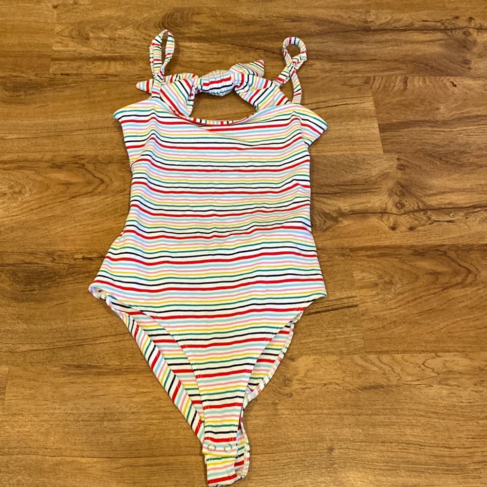 DRE922 multi colored striped body suit with bow in the back size s